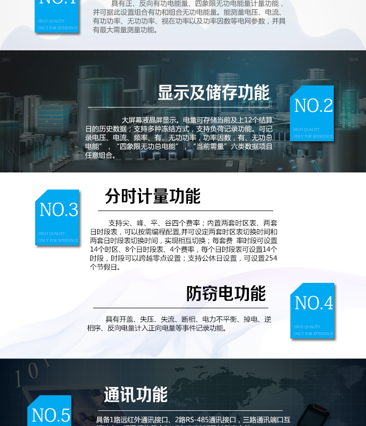 海興DTSD208三相四線電能表主要功能
　　計(jì)量功能
　　具有正、反向有功電能量、四象限無功電能量計(jì)量功能，并可據(jù)此設(shè)置組合有功和組合無功電能量
　　分時(shí)計(jì)量功能
　　支持尖、峰、平、谷四個(gè)費(fèi)率;內(nèi)置兩套時(shí)區(qū)表、兩套日時(shí)段表，可以按需編程配置,并可設(shè)定兩套時(shí)區(qū)表切換時(shí)間和兩套日時(shí)段表切換時(shí)間，實(shí)現(xiàn)相互切換;每套費(fèi)率時(shí)段可設(shè)置14個(gè)時(shí)區(qū)、8個(gè)日時(shí)段表、4個(gè)費(fèi)率(尖、峰、平、谷)，每個(gè)日時(shí)段表可設(shè)置14個(gè)時(shí)段，時(shí)段可以跨越零點(diǎn)設(shè)置;支持公休日設(shè)置，可設(shè)置254個(gè)節(jié)假日。
　　測(cè)量功能
　　能測(cè)量電壓、電流、有功功率、無功功率、視在功率以及功率因數(shù)等電網(wǎng)參數(shù)，并具有最大需量測(cè)量功能。測(cè)量準(zhǔn)確度高，可提供0.5S級(jí)、1.0級(jí)等不同計(jì)量精度供選擇。
　　數(shù)據(jù)存儲(chǔ)功能
　　電量可存儲(chǔ)當(dāng)前及上12個(gè)結(jié)算日的歷史數(shù)據(jù);支持多種凍結(jié)方式，包括：日凍結(jié)、整點(diǎn)凍結(jié)、定時(shí)凍結(jié)、瞬時(shí)凍結(jié)、約定凍結(jié)。支持負(fù)荷記錄功能。可記錄“電壓、電流、頻率”，“有、無功功率”，“功率因數(shù)”，“有、無功總電能”，“四象限無功總電能”，“當(dāng)前需量”六類數(shù)據(jù)項(xiàng)且任意組合。負(fù)荷記錄間隔時(shí)間可以在1min～ 60min范圍內(nèi)設(shè)置。
　　事件記錄功能
　　分別記錄最近10次失壓、全失壓、斷相、失流、電壓逆相序、潮流反向、需量清零、編程、校時(shí)、開表蓋、停電、電量清零。
　　通信功能
　　具備1路遠(yuǎn)紅外通訊接口、2路RS-485通訊接口，三路通訊端口互相獨(dú)立。通訊規(guī)約符合DL/T645-2007及其備案文件。
　　電源管理
　　輔助電源供電電壓為(100～240)V交、直流自適應(yīng)。輔助電源可設(shè)置為PT供電方式優(yōu)先或輔助電源供電方式優(yōu)先。
　　用戶交互界面
　　采用大屏幕液晶顯示，提供豐富的圖形或文字提示信息;顯示內(nèi)容可通過按鍵循環(huán)查詢，顯示項(xiàng)目可通過通信口按需配置;提供液晶背光，方便查看。支持停電喚醒功能，能通過按鍵或非接觸方式喚醒電能表，實(shí)現(xiàn)屏幕顯示抄讀電量和紅外通信口抄讀電量等數(shù)據(jù)。