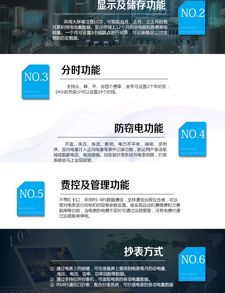 華立DDZY285-J電能表主要功能
　　電能計(jì)量功能
　　計(jì)量參數(shù)：具有正、反向組合有功電能的計(jì)量功能，組合有功電能可由正反向有功電能進(jìn)行選擇性組合。
　　測(cè)量功能：能測(cè)量電壓、電流(包含零線)，有功功率以及功率因數(shù)等電網(wǎng)參數(shù)。
　　分時(shí)功能：支持尖、峰、平、谷四個(gè)費(fèi)率，全年可設(shè)置2個(gè)年時(shí)區(qū)，24小時(shí)內(nèi)至少可以設(shè)置14個(gè)時(shí)段。
　　數(shù)據(jù)存儲(chǔ)：至少存儲(chǔ)上12個(gè)月的總電能和各費(fèi)率電能量。一個(gè)月可設(shè)置3個(gè)結(jié)算點(diǎn)進(jìn)行結(jié)算，可記錄最近12次結(jié)算的歷史數(shù)據(jù)。
　　顯示功能：采用大屏幕漢顯LCD，可現(xiàn)實(shí)當(dāng)月、上月、上上月的每月累積用電電量數(shù)據(jù)。
　　防竊電功能
　　開(kāi)蓋記錄功能，記錄開(kāi)表蓋總次數(shù)，防止非法更改電路。
　　反向電量計(jì)入正向電量，用戶如將電流線接反，不具有竊電作用，電表照樣正向走字
　　具有記錄編程、掉電、校時(shí)、跳閘等事件發(fā)生的時(shí)刻以及事件發(fā)生時(shí)電能表狀態(tài)，防止用戶更改電表數(shù)據(jù)。
　　具有凍結(jié)和報(bào)警功能。
　　以上情況如發(fā)出，電表會(huì)出現(xiàn)報(bào)警標(biāo)志，如安裝抄表系統(tǒng)與電表相聯(lián)，抄表系統(tǒng)會(huì)馬上出現(xiàn)報(bào)警。
　　費(fèi)控功能
　　電表不帶IC卡口，采用RS-485和無(wú)線進(jìn)行數(shù)據(jù)通信，支持通信遠(yuǎn)程拉合閘。
　　費(fèi)控管理功能
　　可通過(guò)遠(yuǎn)程對(duì)電能表進(jìn)行遠(yuǎn)程拉、合閘控制和時(shí)段等參數(shù)設(shè)置，進(jìn)而對(duì)用戶的用電實(shí)施遠(yuǎn)程管理。
　　能實(shí)現(xiàn)自動(dòng)扣費(fèi)繳費(fèi)的功能和欠費(fèi)跳閘等功能，當(dāng)電表的電費(fèi)不足時(shí)可以通過(guò)遠(yuǎn)程報(bào)警，沒(méi)有電費(fèi)時(shí)通過(guò)遠(yuǎn)程跳閘停電，操作管理十分方便。
　　抄表方式
　　通過(guò)電表上的按鍵，可在液晶屏上查詢到電表每月的總電量、電壓、電流、功率、功率因數(shù)等數(shù)據(jù)。
　　通過(guò)手持紅外抄表機(jī)，可讀取電表的各項(xiàng)電量數(shù)據(jù)。
　　RS485通訊口抄表，配合抄表系統(tǒng)，可抄讀電表的各項(xiàng)電量數(shù)據(jù)。并支持DL/T645-2007多功能電能表通訊規(guī)約。
